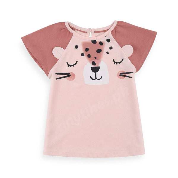 B CLUB Half Sleeve Girls T-Shirt Bear Face Baby Pink Color - TinyTikes.pk