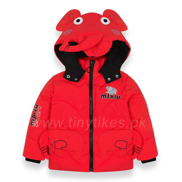 Red Warm Puffer 3D Elephant Face Jacket - TinyTikes.pk