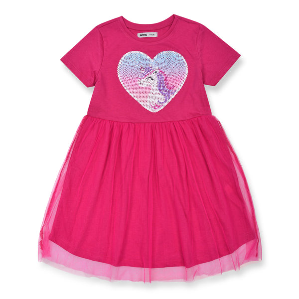 SIN SAY Girl Pink Unicorn Heart Patch Frock With Net