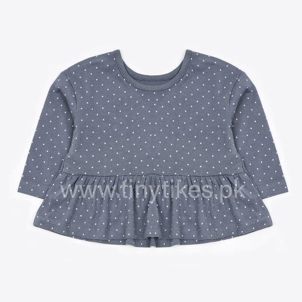 GERG Full Sleeves Top Frock (Organic Cotton) Grey Color With White Dotes - TinyTikes.pk