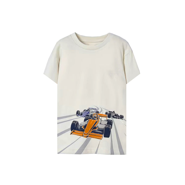 MAY ORAL Boy Cream Color Racing Car Print T-Shirt