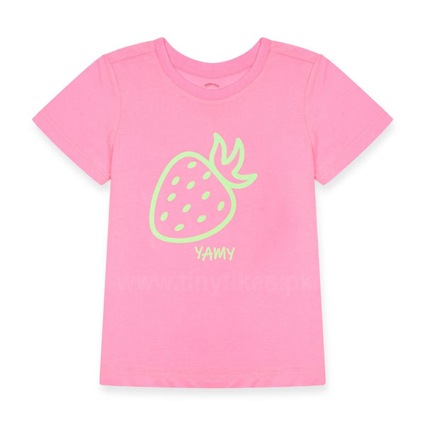 Jersey Organic Cotton Pink T-Shirt With Strawberry Print - TinyTikes.pk