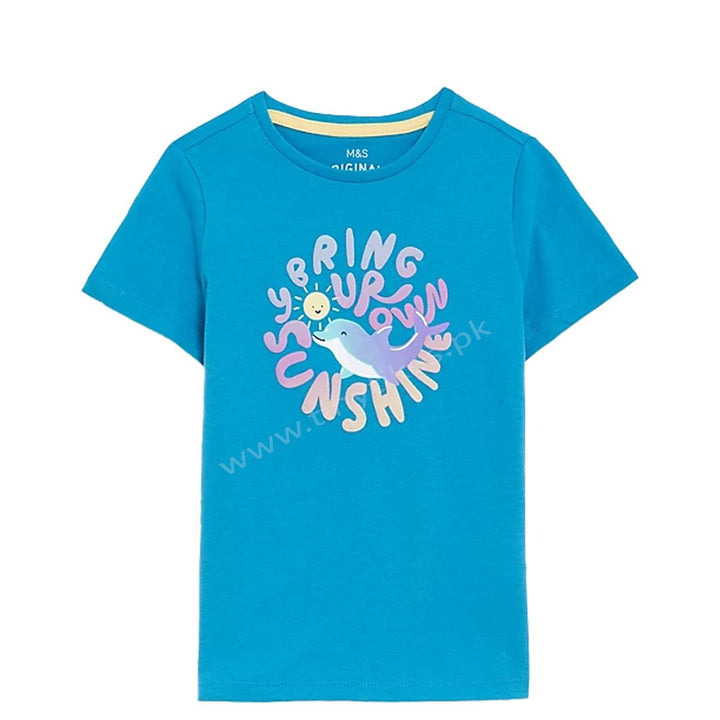 MS Short Sleeves Organic Cotton Jersey Blue T-Shirt With Dolphin Print - TinyTikes.pk