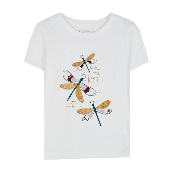 PRM Girl White Half Sleeves Top With Glitterish Dragonfly Print