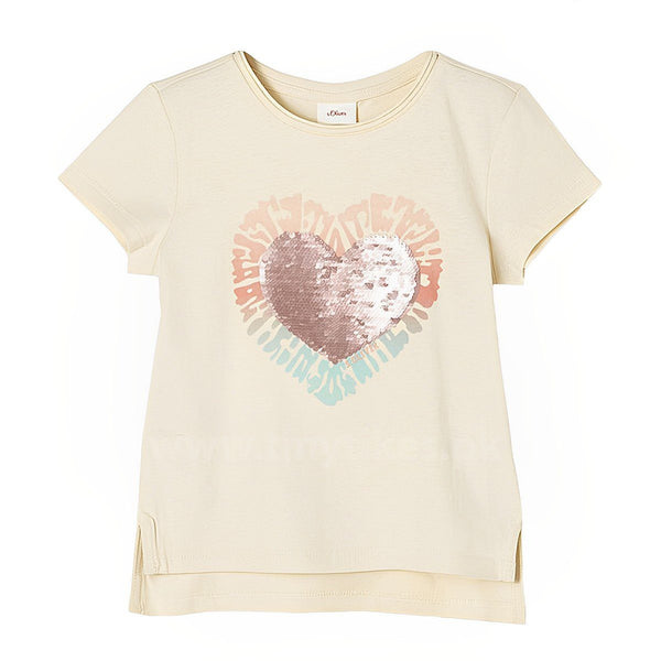 SOliver Organic Jersi Cotton Off White T-Shirt With Sequence Heart - TinyTikes.pk