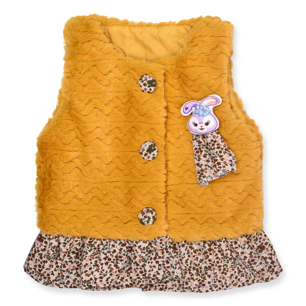 Girl Yellow Fur Jacket Rabbit Face Patch With Teddy Bear