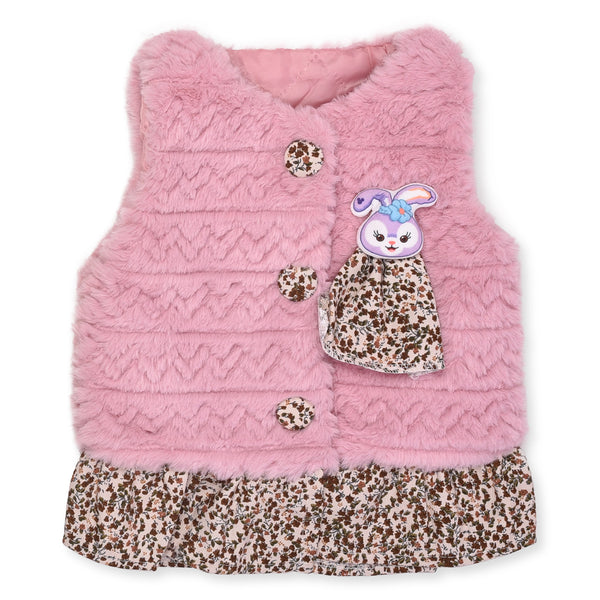 Girl Light Pink Fur Jacket Rabbit Face Patch With Teddy Bear