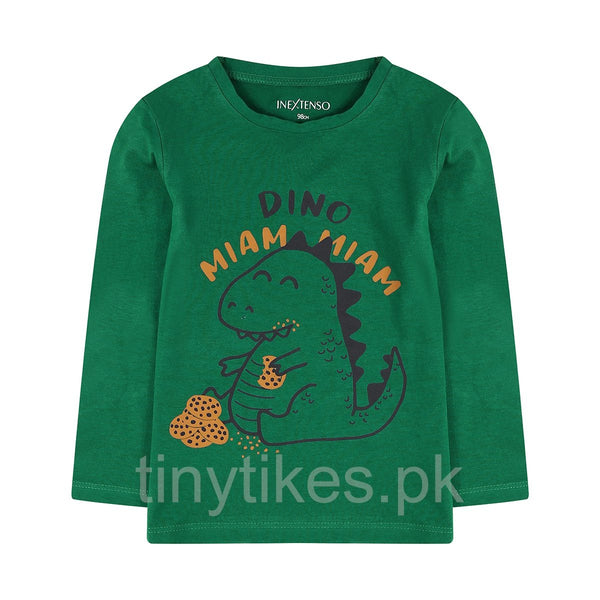 INXTENSO Full Sleeve Boys T-Shirt Baby Dino Eating Cookies Print Green Color - TinyTikes.pk