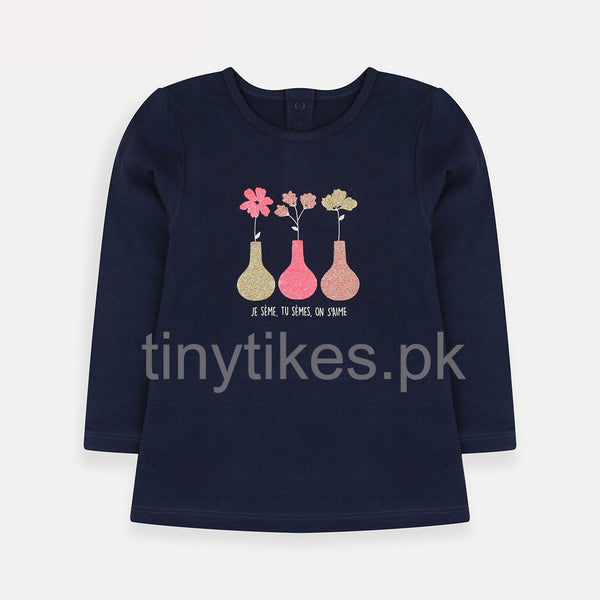 T A O Girl Full Sleeves T-Shirt Dark Blue Color With Flower Pot Print - TinyTikes.pk