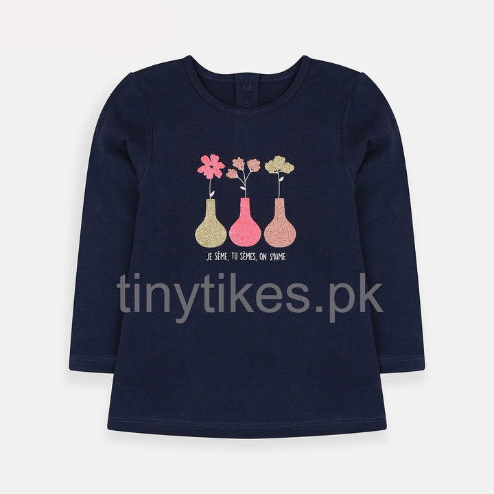 T A O Girl Full Sleeves T-Shirt Dark Blue Color With Flower Pot Print - TinyTikes.pk