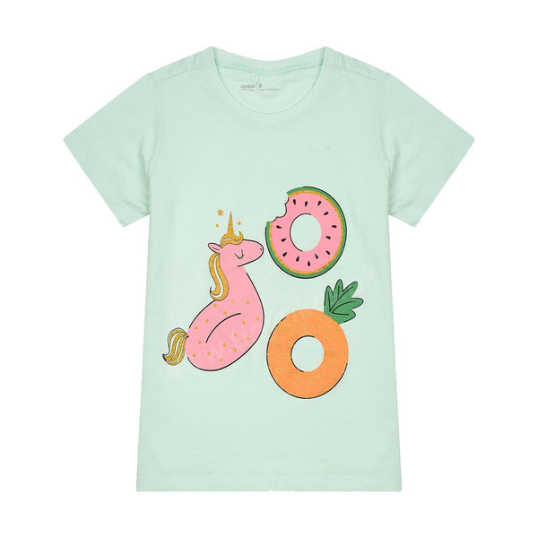 AN KO Girl Sea Green T-Shirt With Unicorn & Donut Print - TinyTikes.pk