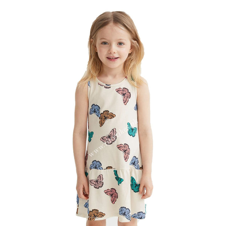 HM Girls Frock Cream Color With Butterflies Print - TinyTikes.pk