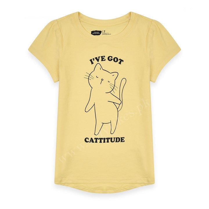 YNG Girl T-Shirt Yellow With Cat - TinyTikes.pk