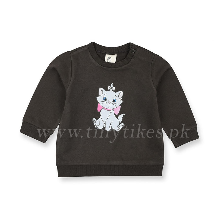 HM Girl Thin Flees Green Sweatshirt With Cat Print - TinyTikes.pk