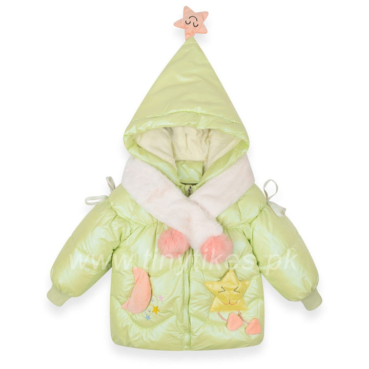 Girl Warm Green Jacket With Star and moon on pockets With White Scarf - TinyTikes.pk
