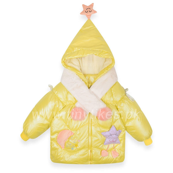 Girl Warm Yellow Jacket With Star and moon on pockets With White Scarf - TinyTikes.pk