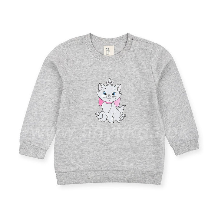 HM Girl Thin Flees Grey Sweatshirt With Cat Print - TinyTikes.pk