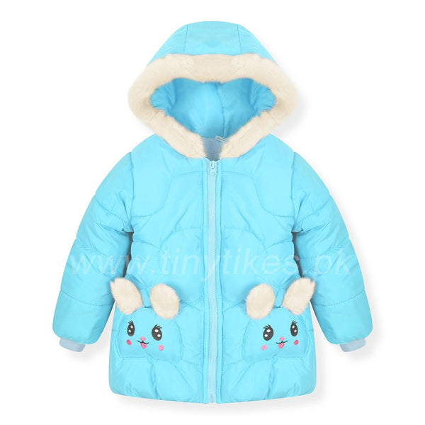 Girl Inner Fur Sky Blue Jacket With Bunny Face Pockets - TinyTikes.pk