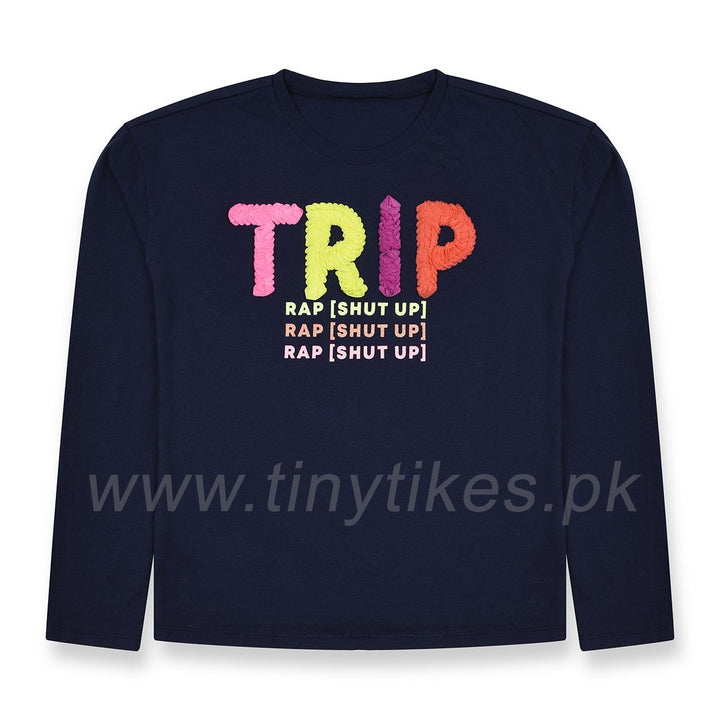 UCFB Girl Blue Organic cotton Full Sleeves T-Shirt 3D net writting TRIP - TinyTikes.pk
