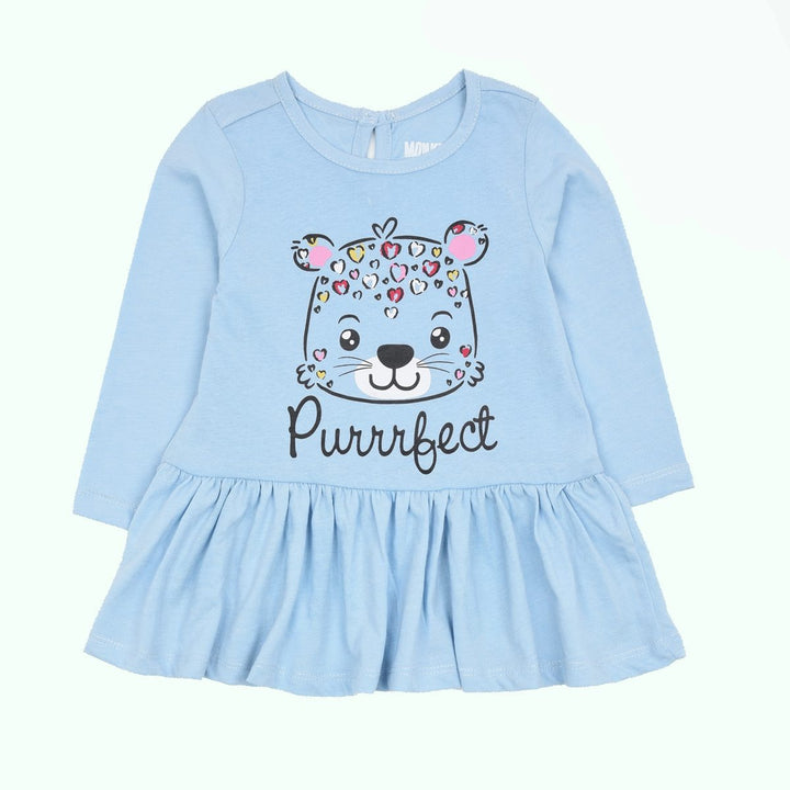 MB Sky Blue Top Frock With Bear Face Print - TinyTikes.pk