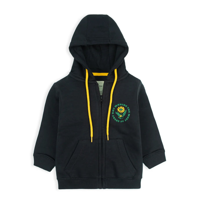 Girl Navy Blue With Sun Flower Printed Inner Flece Hoodie