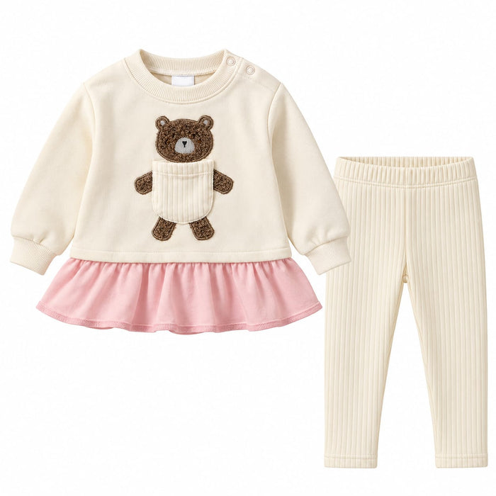 Girl Pink & Cream Front Bear Embroidery Pocket Inner Fleece Two Piece Set