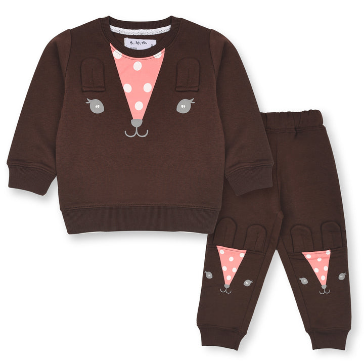 5 10 15 KIDS Cat Face Brown Flees Track Suit - TinyTikes.pk