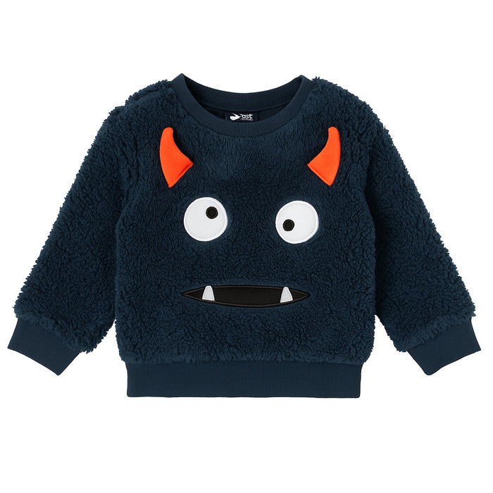 Boy Navy Blue Monster Embroidery Fur Sweat Shirt