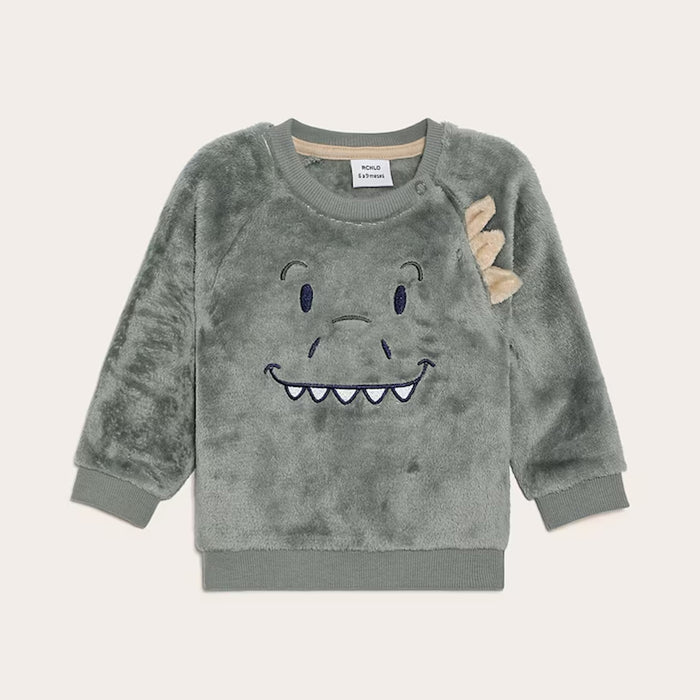 Baby Boys’ Moss Green Fleece Raglan Sweater with Interactive Animal Design