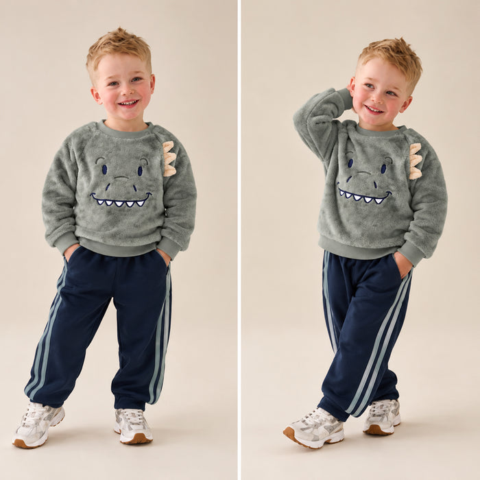 Baby Boys’ Moss Green Fleece Raglan Sweater with Interactive Animal Design