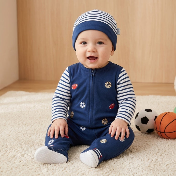 LM Blue Lining Embroiedry Balls Romper with Cap Two Piece Set