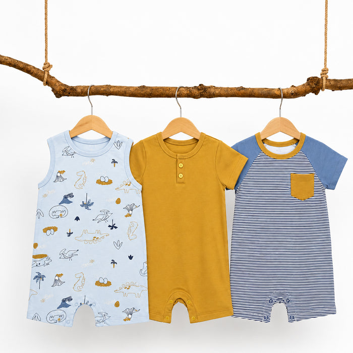 TEDMI MAK Boy Sky Blue Dino, Blue Lining and Brown Romper 3 Piece Set
