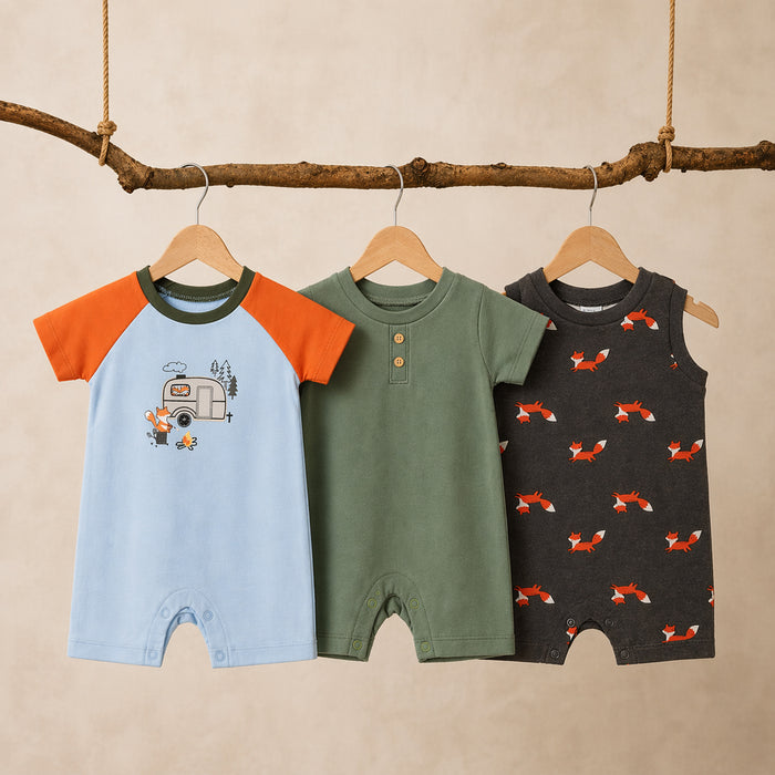 TEDMI MAK Boy Sky Blue Car Print, Green and Grey Fox Printed Romper 3 Piece Set