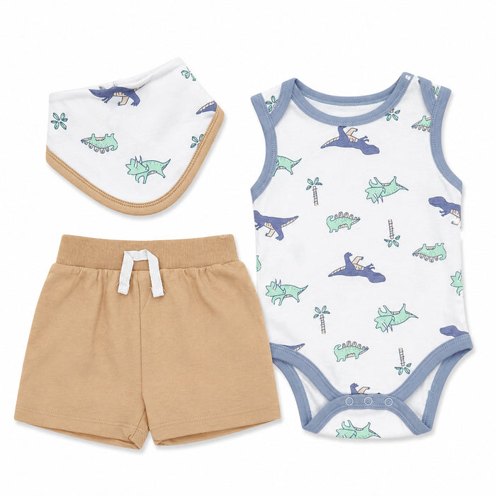 TEDMI MAK Boy Sky Blue Dino Printed Romper With Shorts and BIb Set