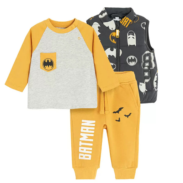 Grey T-shirt With Sleeveless Puffer Jacket And Yellow Trouser BATMAN Printed 3 Pieces Set