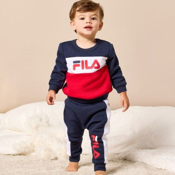 FI LA Boy Navy Blue Color Fila Design Two Piece Set With Inner Fleece