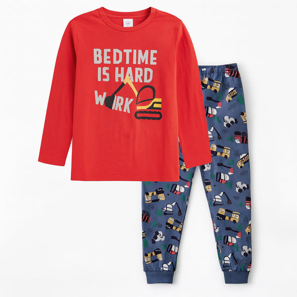 Boy Red Bedtime Is Hard Work Printed Shirt With Blue Pajama