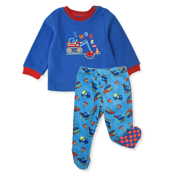 BY PUMKI Blue Color Crane Embroidery Boy Fleece Two Piece Set