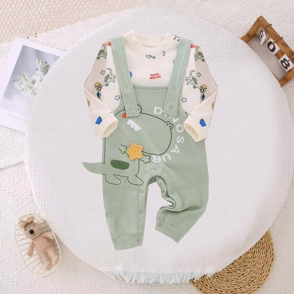 Boy Green Color Dino Print Two Piece Set Dungaree With Sweat Shirt