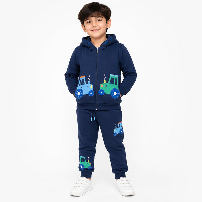 NUT MUG Boy Navy Blue Trackter Embroidered Two Pieces Set