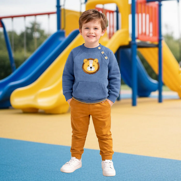 Boy Blue Lion Face Embroidery With Brown Trouser Two Piece Set