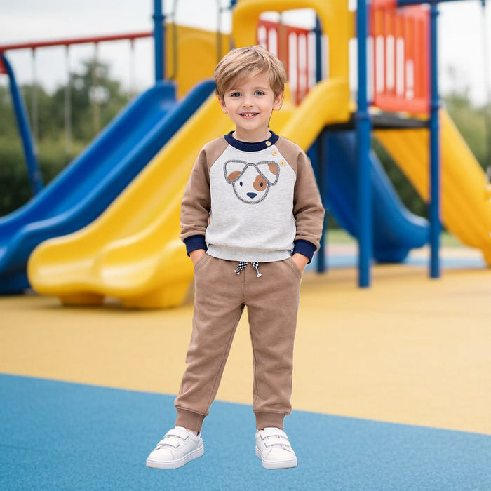 THR Boy Brown Grey Embroidery Dog Face Two Piece Set