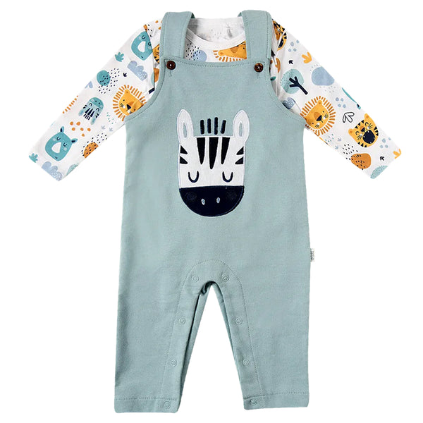 Boy Green Dungaree Zebra Embraided With Inner Printed Romper Or Shirt