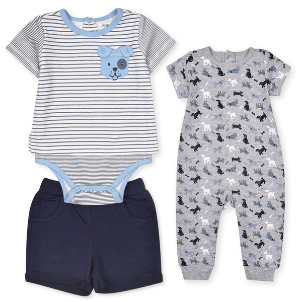 RO BEEZ Boy Grey Dog Printed Romper With Green Lining Body Suit And Blue Short