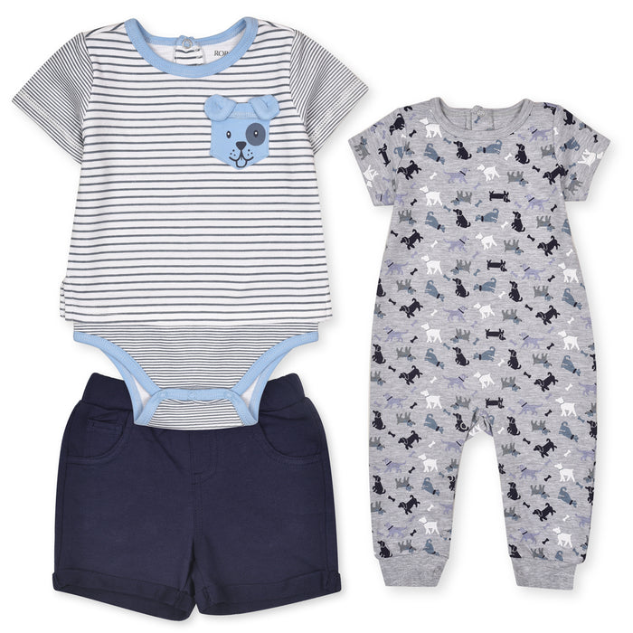 RO BEEZ Boy Grey Dog Printed Romper With Green Lining Body Suit And Blue Short