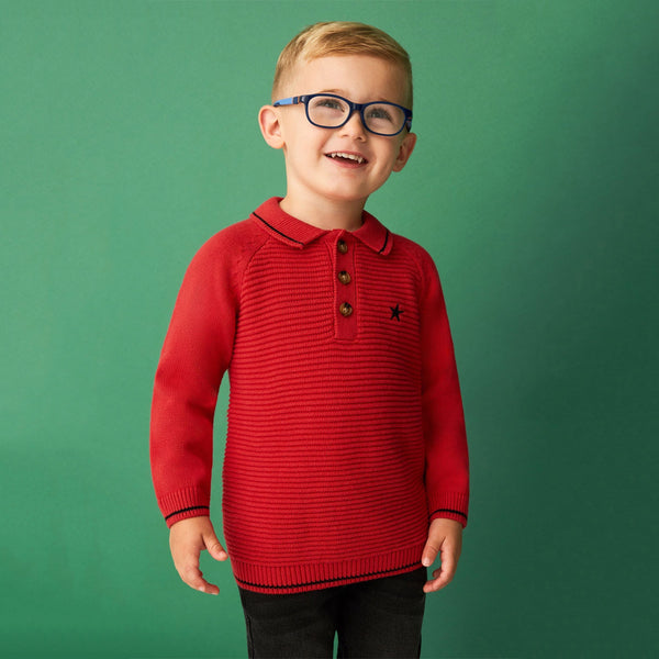 Boy Red Collar Star Embroidery Sweater