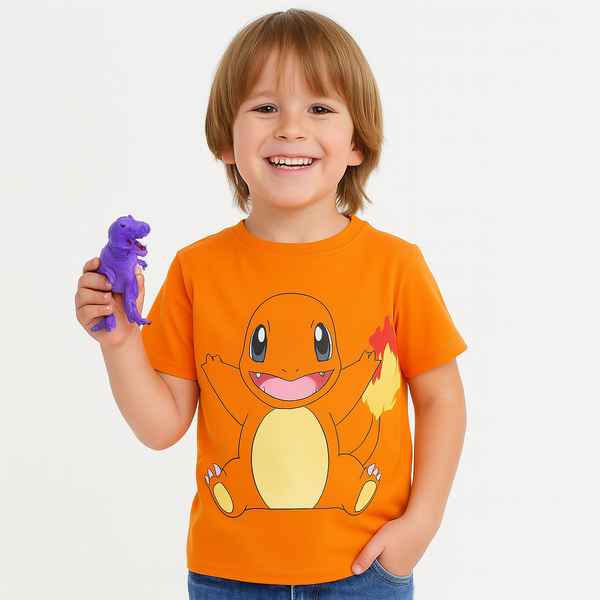 Boy Orange Pokémon Character Printed T-Shirt