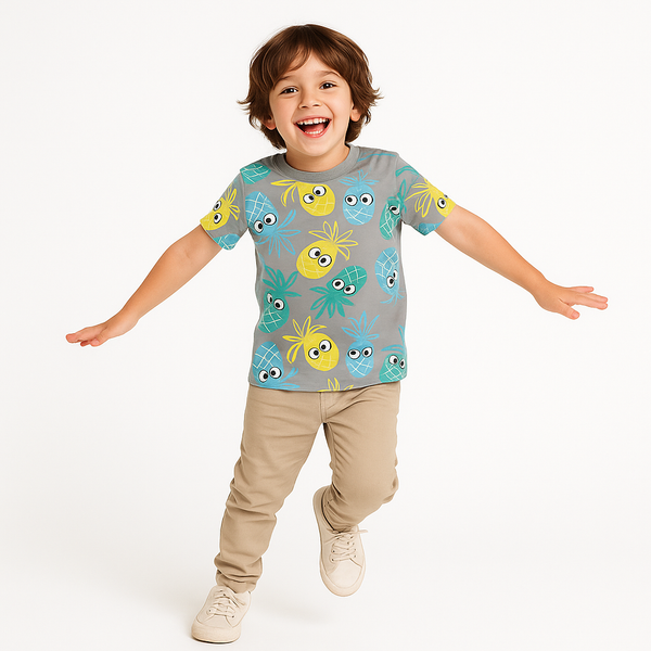 C C Boy Grey Pineapple Printed T-Shirt