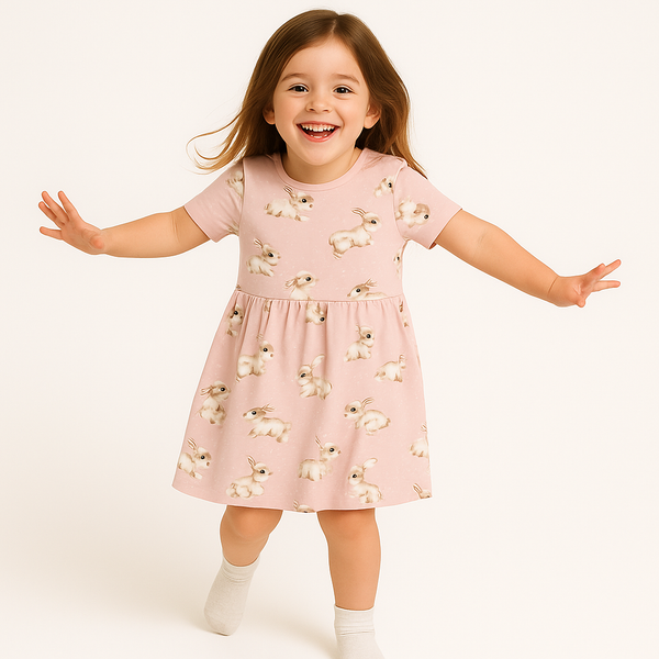 HM Girl Half Sleeves Peach Rabbit Printed Frock