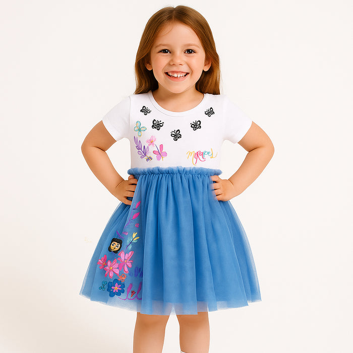 Girl White And Sky Color Butterfly Print Fancy Frock